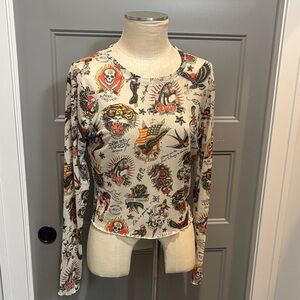 Ed Hardy Cream Tattoo Graphic Blouse